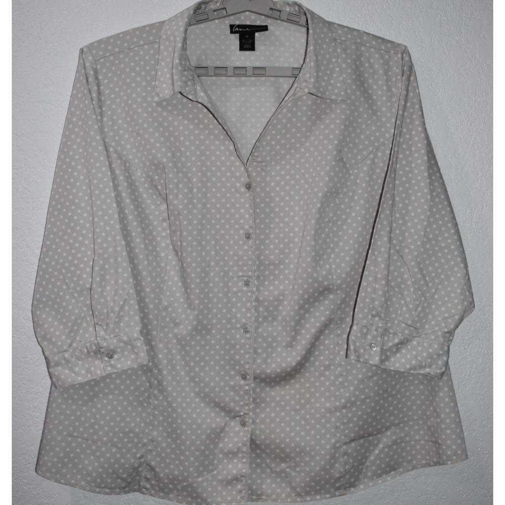 Lane Bryant Blouse Sz 28 4X Gray White Dot Button-Up Cotton Stretch 3/4 Sleeve